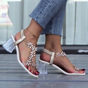 NWT Beige Rhinestone Flower Square Toe Acrylic Block Heel Sandals